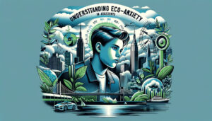 graphic illustration depicting the concept of understanding eco-anxiety in adolescents, designed with a New York coastal elite aesthetic.