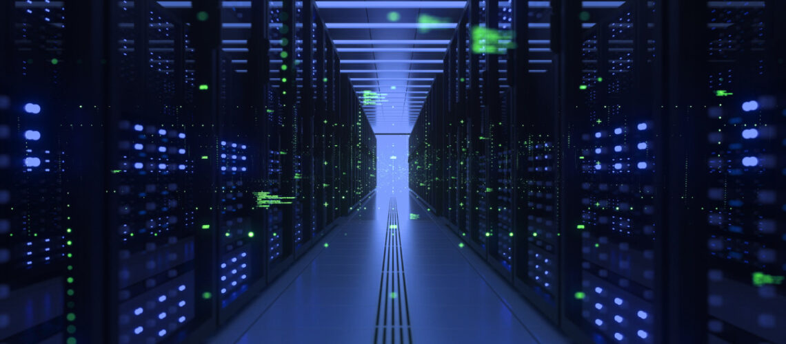 futuristic server room at night with matrix data