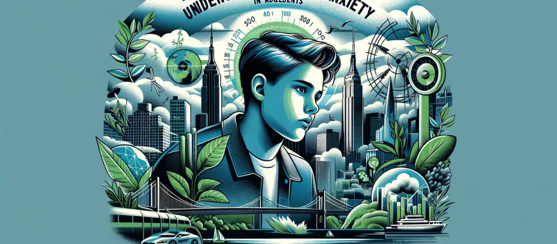 graphic illustration depicting the concept of understanding eco-anxiety in adolescents, designed with a New York coastal elite aesthetic.