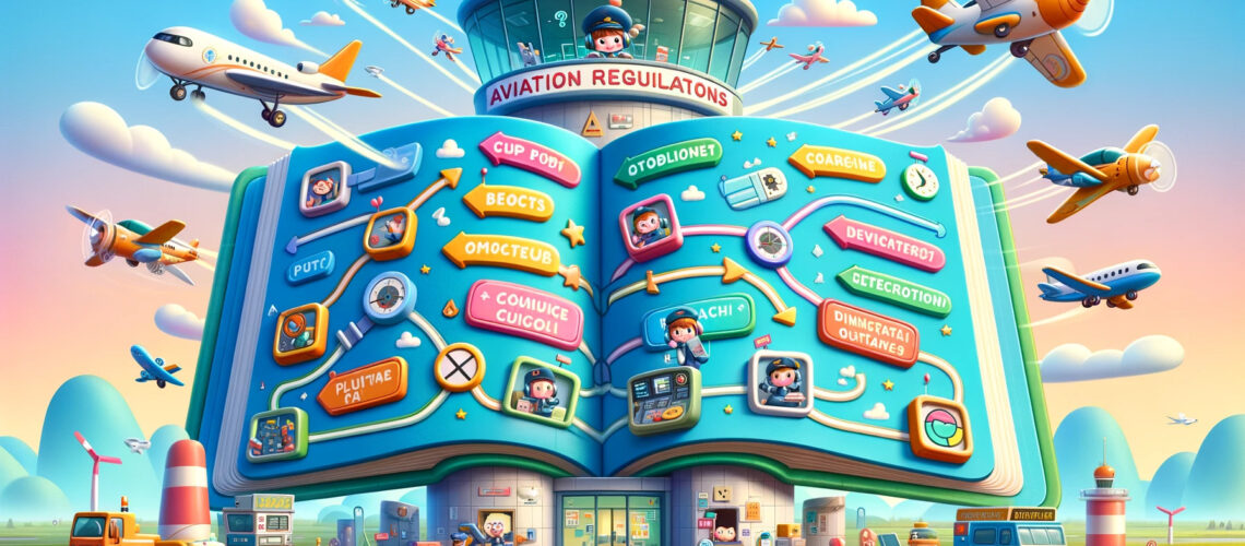playful and colorful illustration depicting aviation regulations in a whimsical, cartoon-style airport setting