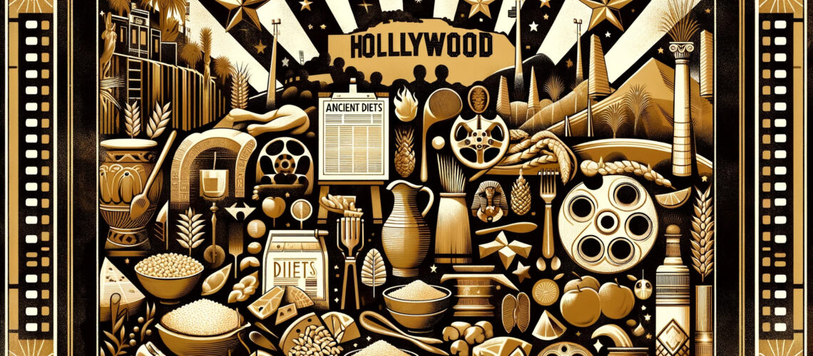 graphic illustration depicting ancient diets, designed with a Hollywood aesthetic